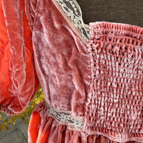 Free People Yours Truly Velvet Peplum Lace Trim Blouse in Blush - Picture 4 of 9